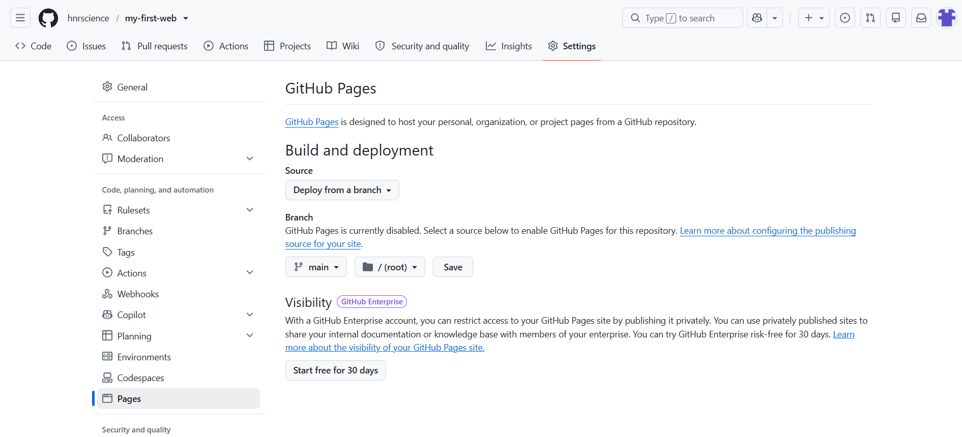 Settings → Pages 화면: Deploy from a branch, main, / (root), Save
