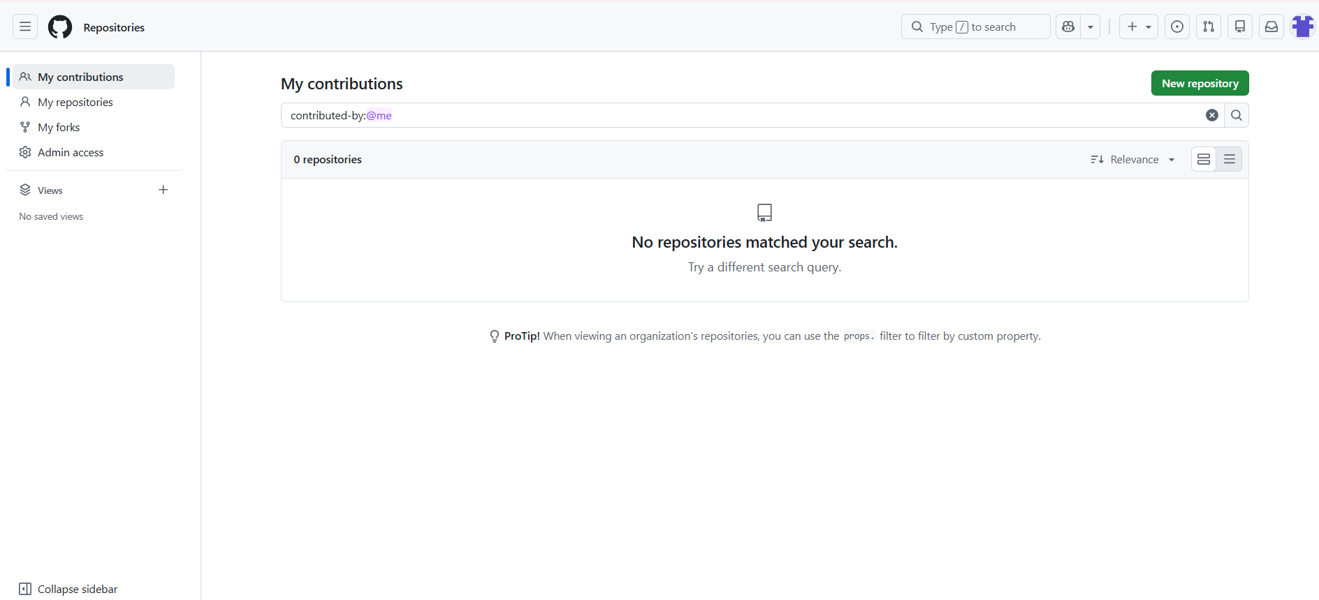 ☰ 메뉴에서 Repositories 로 들어간 화면, 오른쪽 위 New repository 버튼