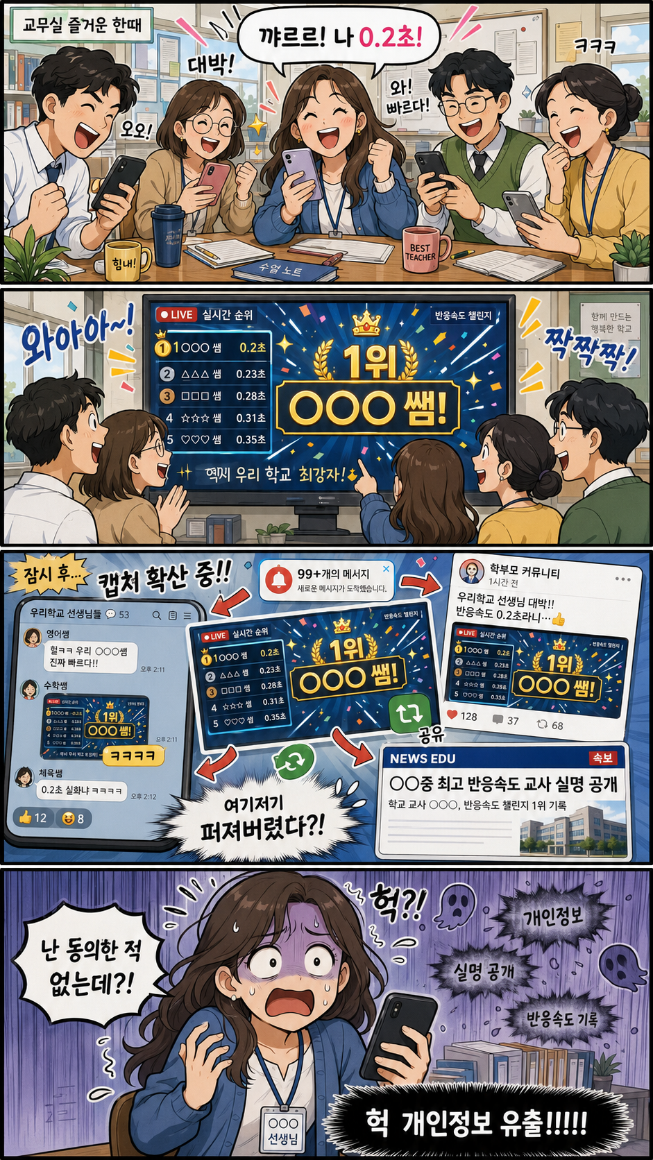 재미로 만든 반응속도 1위 랭킹이 실명 공개·개인정보 유출로 번지는 4컷 만화