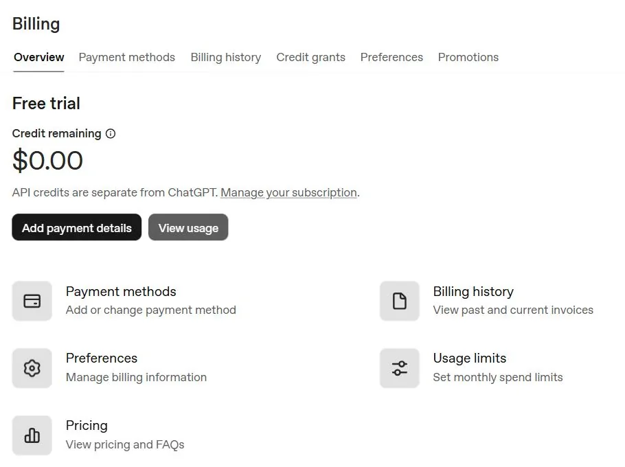 OpenAI Billing 첫 화면