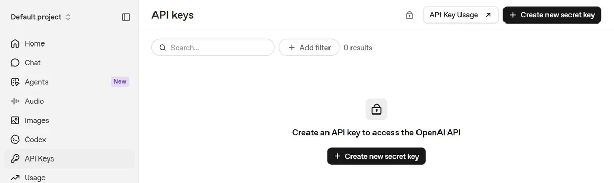 OpenAI API keys 화면