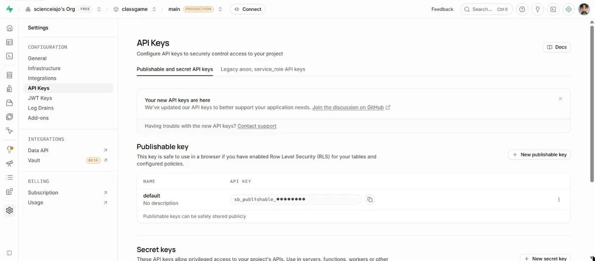 Settings의 API Keys 화면